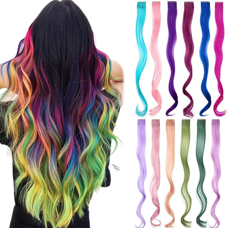 

Colored hair extensions 20 Inch Rainbow Hair Synthetic straight Hair Extensions for Girls Kids Party Clip in Synthetic Hairpiece