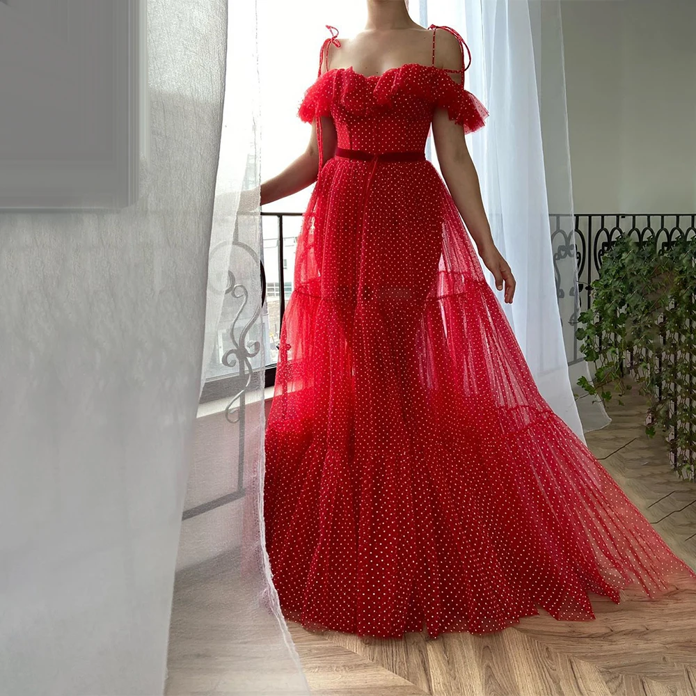 

Summer Girls Floor Length Tulle A-line vestido de fiesta de boda Red Points Off The Shoulder robe de soire vestidos