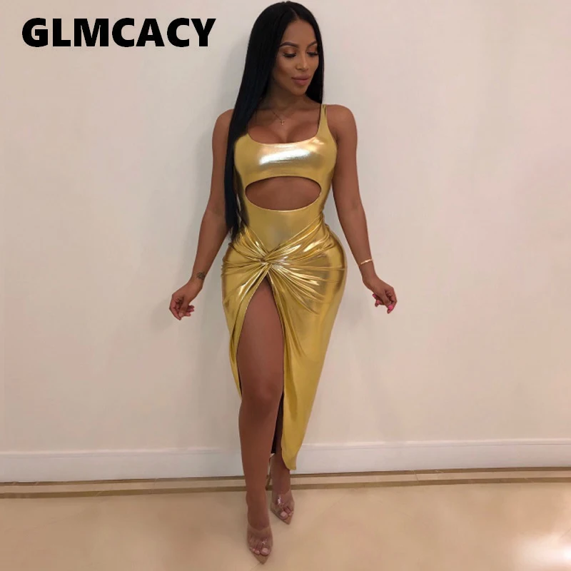 Женское золотистое металлическое сексуальное облегающее платье с разрезом и