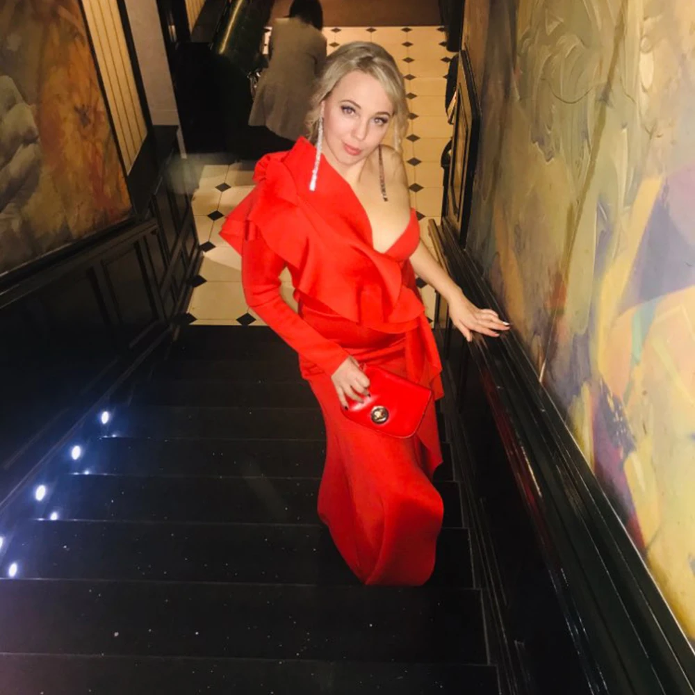 

African Style Elegant Party Sexy Evening Women Long Dresses One Shoulder Bodycon Split Female Ruffles Maxi Red Dress Plus Size