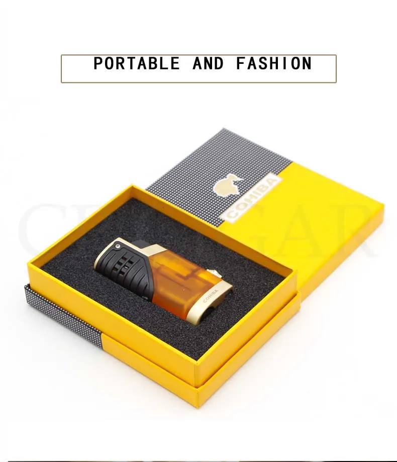COHIBA сигарные гаджеты Пластиковые зажигалки бутан многоразовая Зажигалка для сигар ветрозащитная карманная сигарета газовая зажигалка W/Подарочная коробка