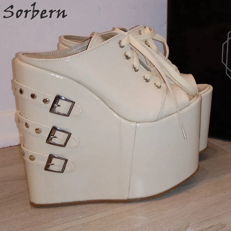 Sorbern/белые туфли танкетки без задника унисекс на платформе с пряжкой и ремешками