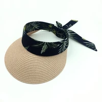 women summer pink white natural straw visor hat girls elastic band sun protect beach hats floral printed straw visor hat