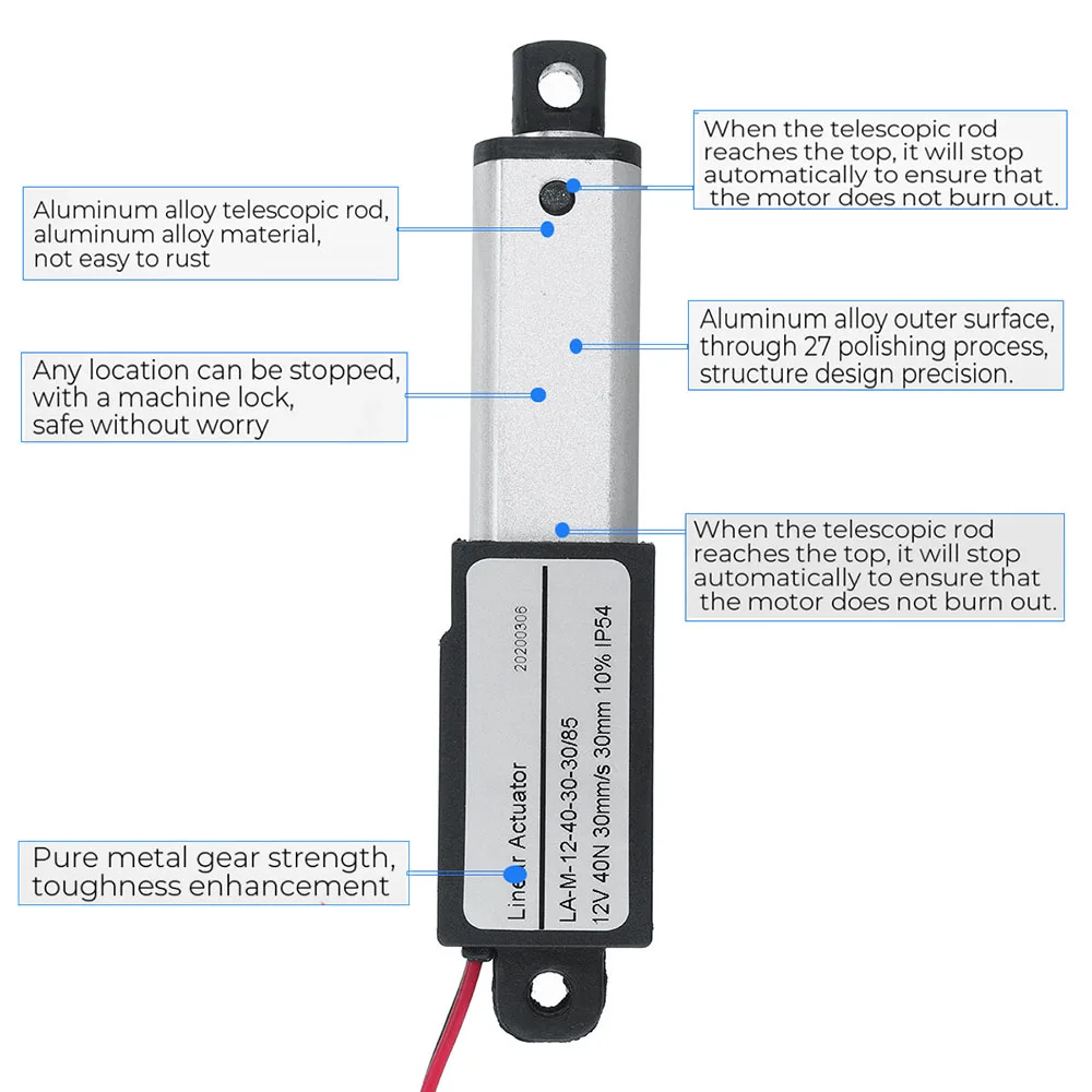 Миниатюрный линейный привод из алюминиевого сплава с электродвигателем 12 В