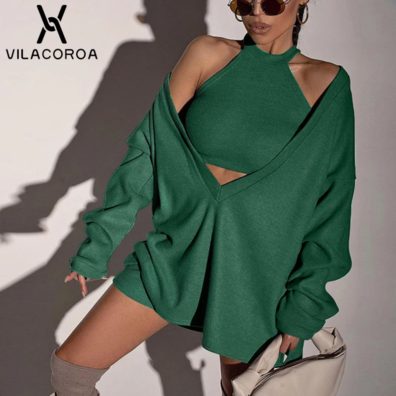 

Sexy Tank Tops Deep V Long Sleeve Pullover Shirt Women Two-Piece Trendy Streetwear Oversized Sweatshirt Autumn Solid Color Top