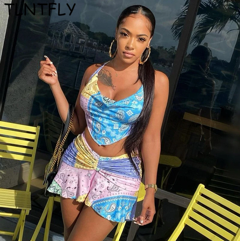 

2 Piece Set Women Beachwear Skirt And Top 2021 Summer Sexy Fashion Cashew Print Suspenders Open Back Pleated Miniskirt Vacation