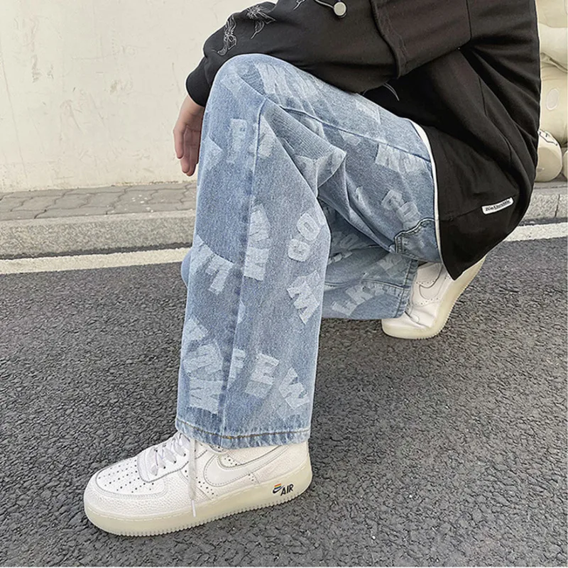 #1312 Letters Printed Denim Jeans Men Loose Harajuku Jogger Jeans Men Loose Streetwear Straight Wide Leg Jeans Blue Jogger Jeans