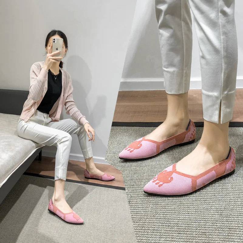 35-43 Casual Women Soft Shoes Breathable Knit Pointed Shoes Women's Flat Shoes Ballet Single Shoes Comfortable Pregnant Shoes