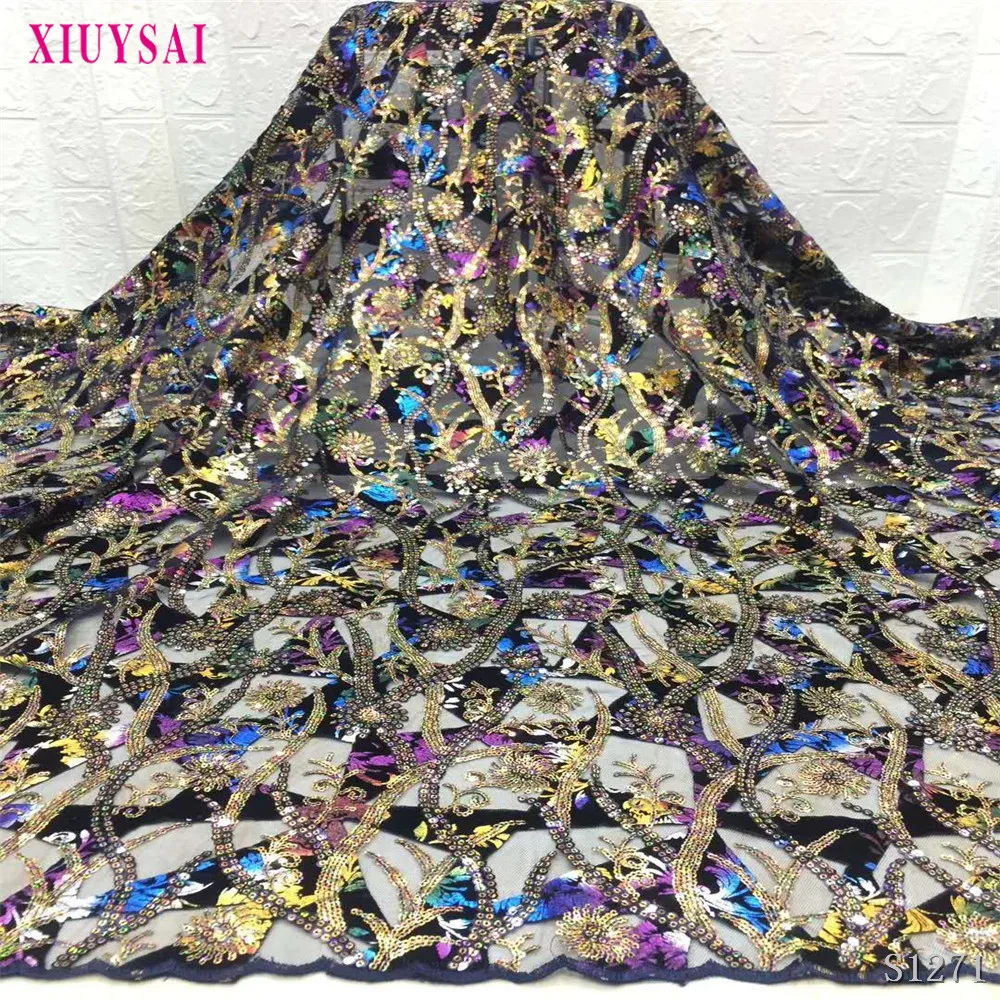 

African Mesh Lace Fabric With Colorful Sequins Design French Tulle Lace Fabric For Wedding Party Dress S1271