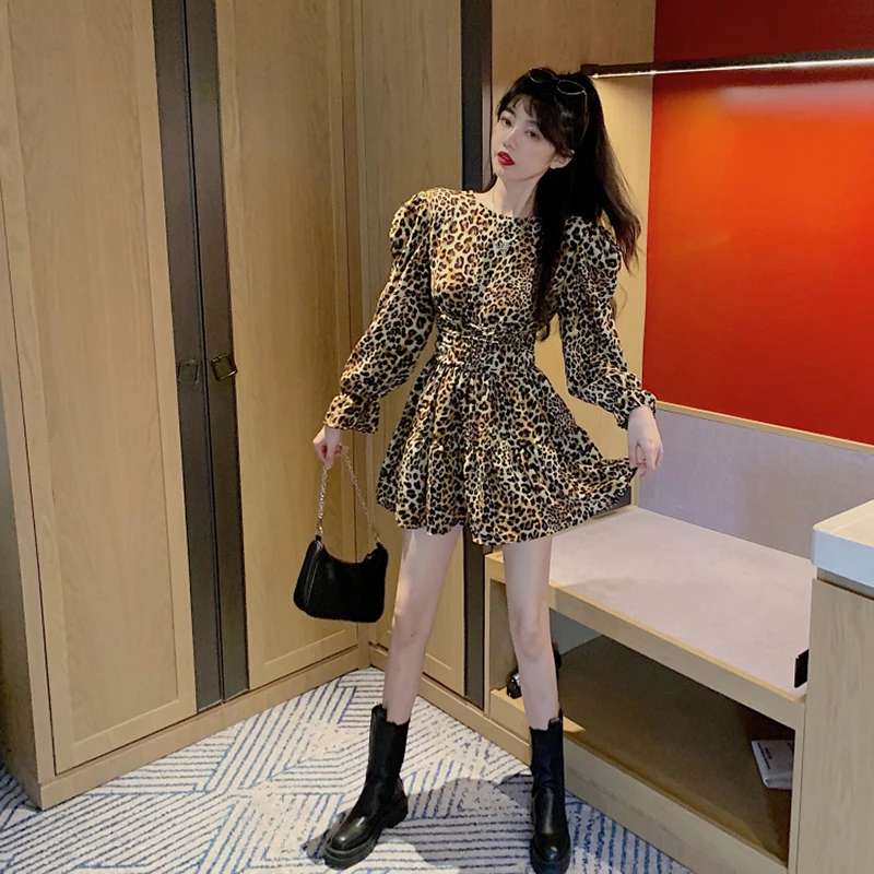 

Sexy Leopard Print Dress Women Fashion All-match Puff Sleeve A-line Short Skirt High Waist Thin O-neck Full Mini Dress Women