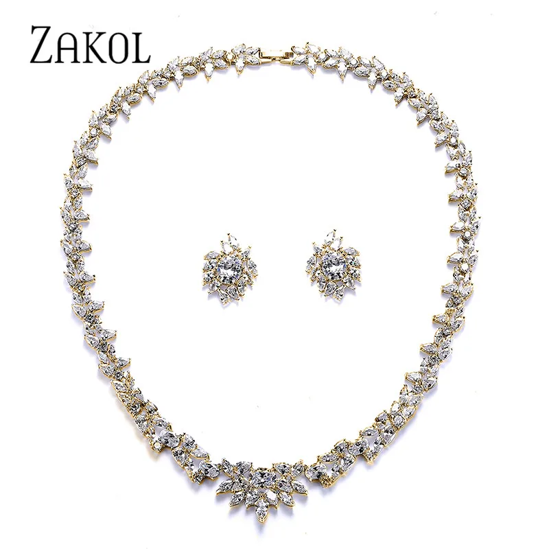 Gold Color ZAKOL Роскошный Белый Цвет капли воды кластер AAA+ кубический цирконий Модный комплект ювелирных изделий для невесты свадебные украшения Drees FSSP156 - Окраска металла: Gold Color