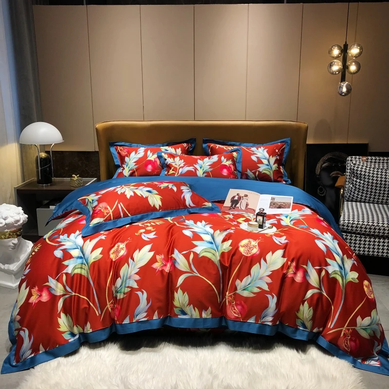 

Bedding Set American Light Luxury Style Cotton Long-staple Cotton Digital Printing Red Western Wedding Bedding Bed Sheet Set