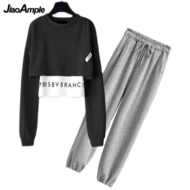 Women's Tracksuit Autumn 2021 New Top Pants Suit Korean Fashion Elegant Short Sweater Trouser Two-piece Set Female Sportwear |