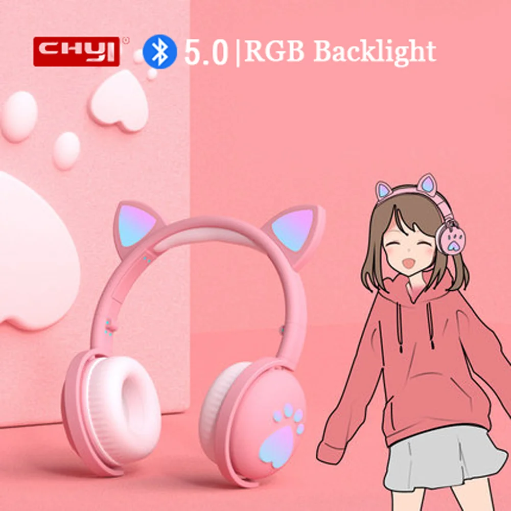 

CHUYI Bluetooth 5.0 Cat Ear Headsets RGB Backlight Earphones Cute Fortable Bear Ear Gaming Headphones for Girls Gamer Kids Gift