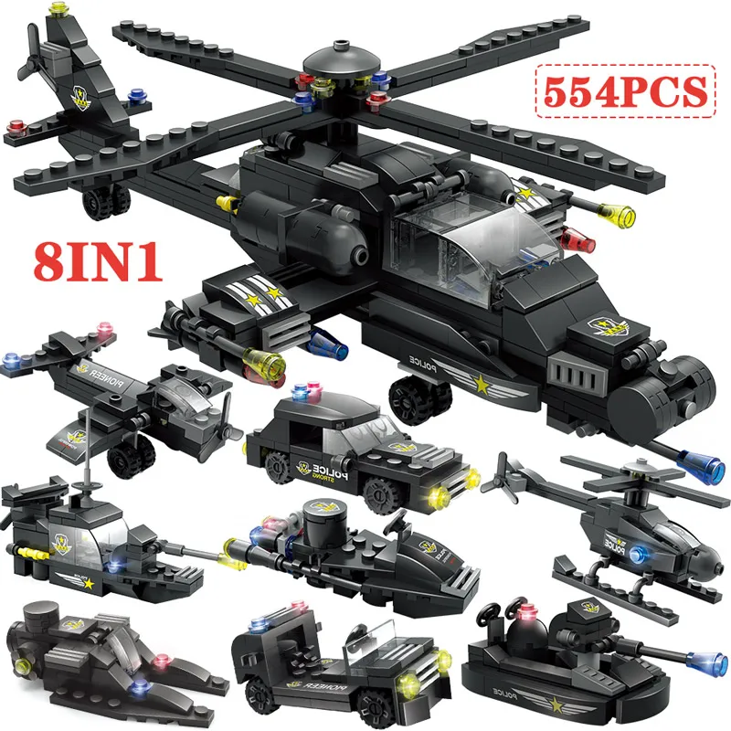 8 в 1 блоки наборы совместимые спецназ автомобиль Лодка вертолет город полиция
