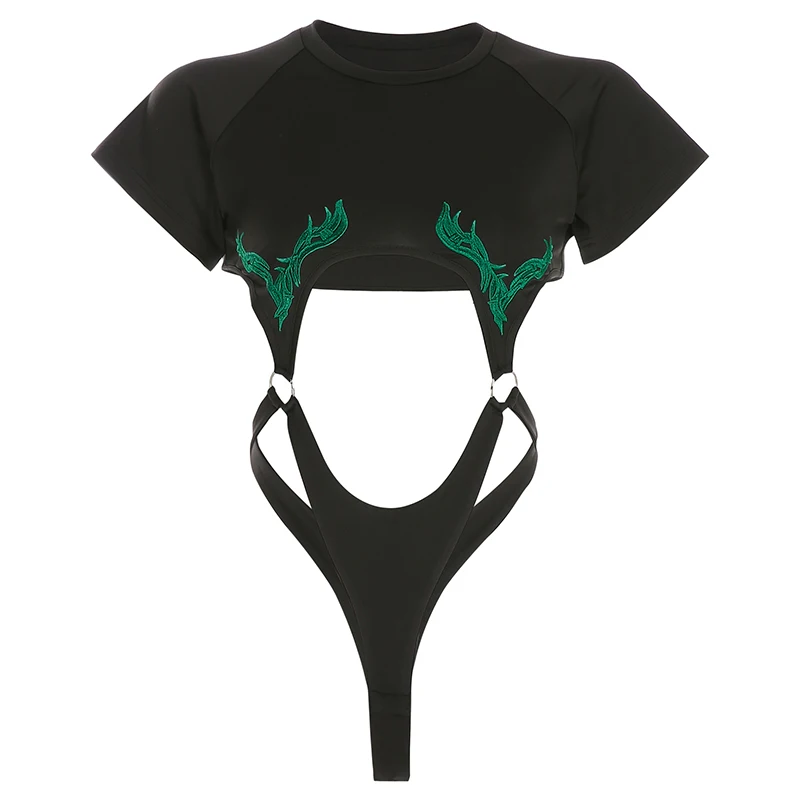 Black Bodysuits Rockmore, черный сексуальный комбинезон с вырезами, летняя уличная одежда, короткий рукав, Цветочная вышивка, открытая спина, готический комбинезон для женщин, для ночного клуба - Цвет: Black Bodysuits