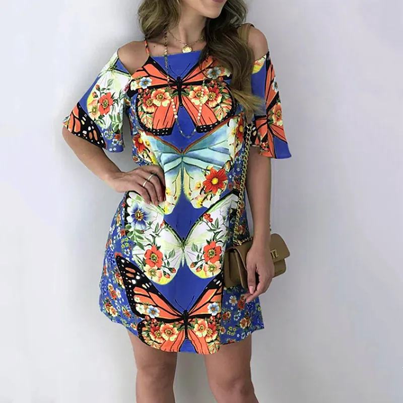 

Summer Fashion Printed Butterfly Plus Size Casual Loose Female Sexy Hollow Back Short Sleeve Dress