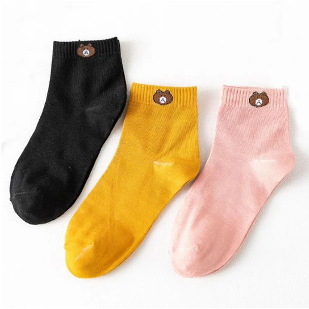 Женские хлопковые носки трубы 2019 Удобные однотонные с милым мультяшным медведем