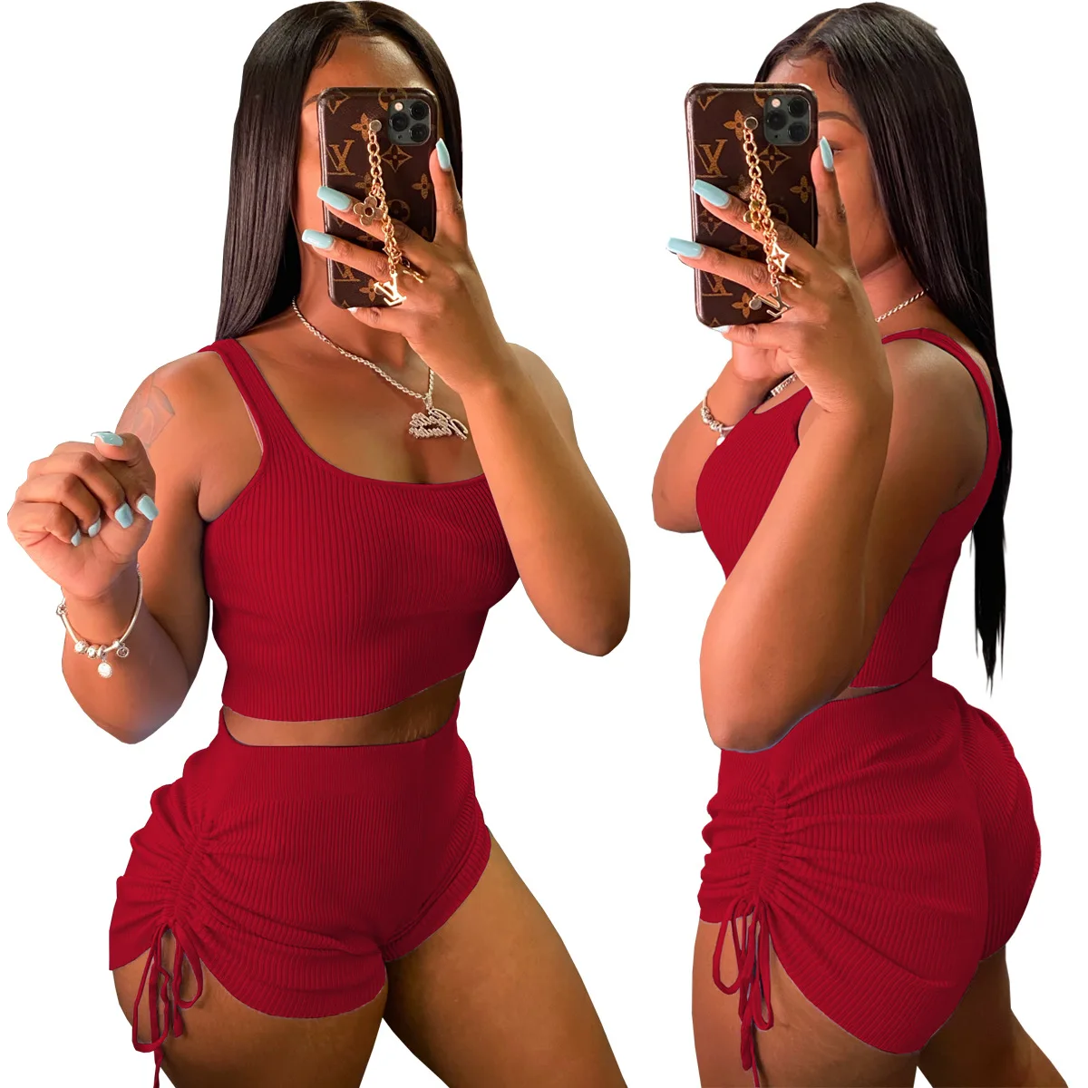 

Rib Crop Tops With Lace Shorts Women Two Pieces Suits Women Summer Set