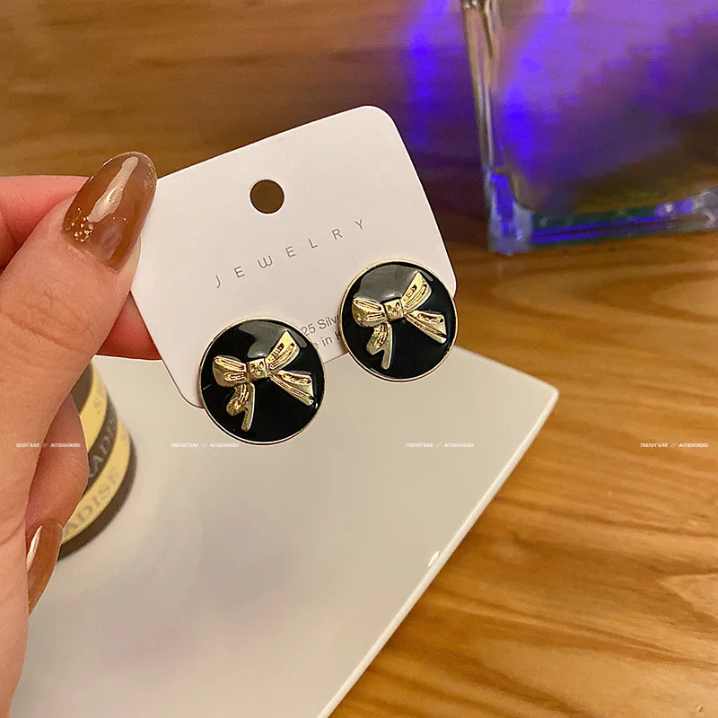 

925 Korean Fashion Circle Bow Stud Earrings Vintage Simple Small Earrings Statement Unique Earrings Women Accessories Streetwear