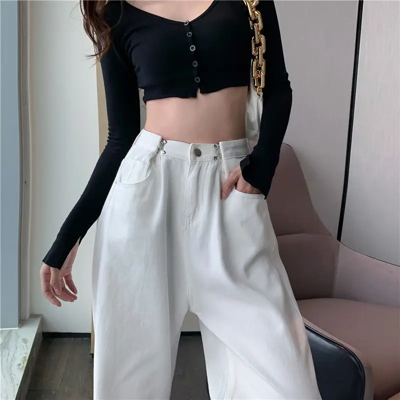 High Waist Black White Jeans for Women Fashion Wide Leg Denim Streetwear Vintage Mom Jeans Harajuku Boyfriend Straight Pants