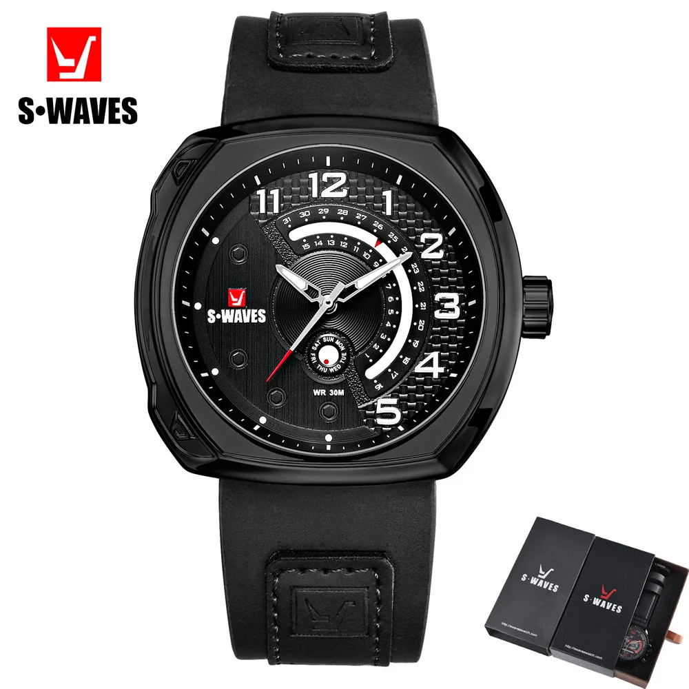 

SWAVES Leather Wristwatch Mens Water Resistant Army Quartz Analog Watch Men With Box Unique Week New Relojes Hombre Dropshipping