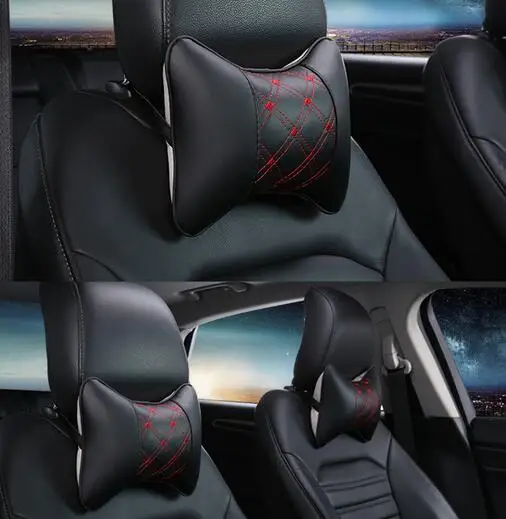 

2 Pieces Car Red Wine PU Leather Headrest Neck Pillow Car Head Neck Pillow Seat Back Support Cushion
