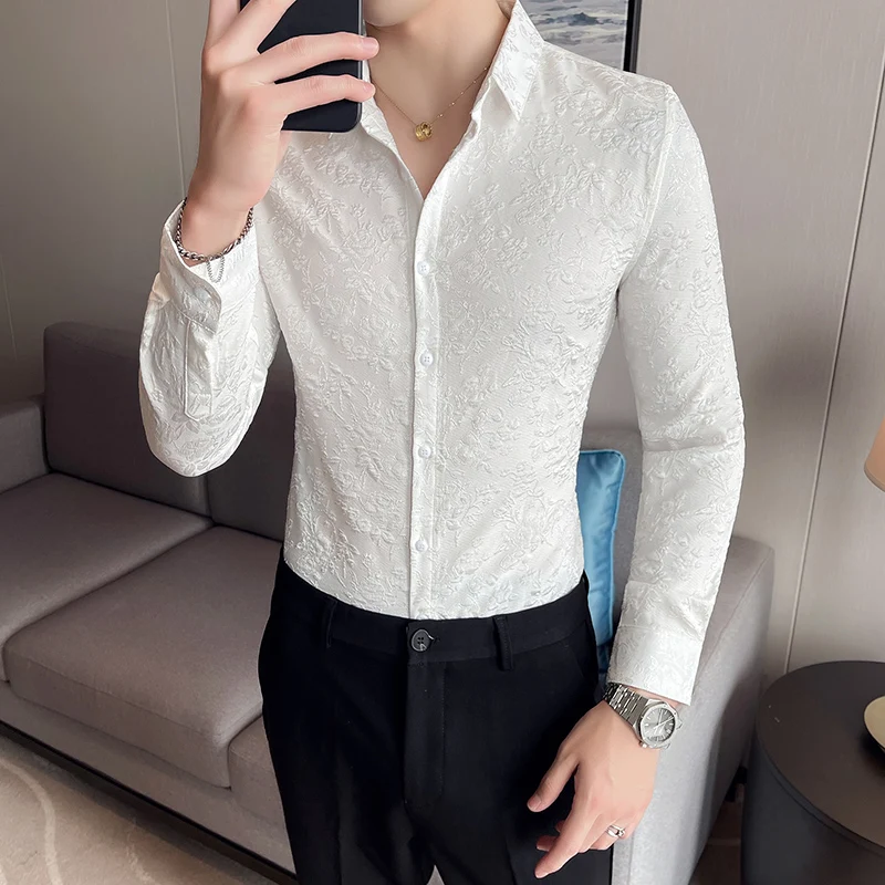 

GZDEERAX Jacquard Black White Male Shirts Luxury Long Sleeve Casual Mens Dress Shirts Fashion Slim Fit Man Shirts 4XL