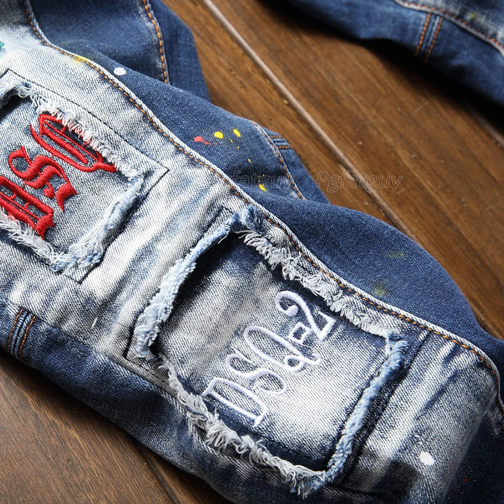 

New Tattered White Patch Denim Pants Famous Brand European dsq Biker Jeans Letter Embroidred Paint Inkjet Pantalons Pour Hommes