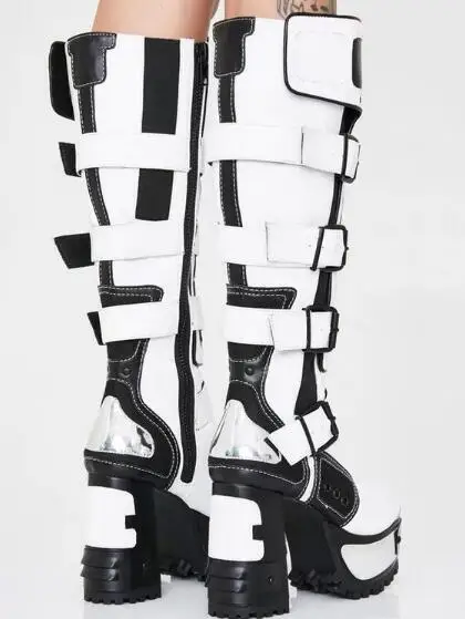 

Fashion Woman Punk Style Intrigue Patchwork Knee High Boots Female Chunky Heels Side Buckles Platform Motorcycle Long Rock Boots