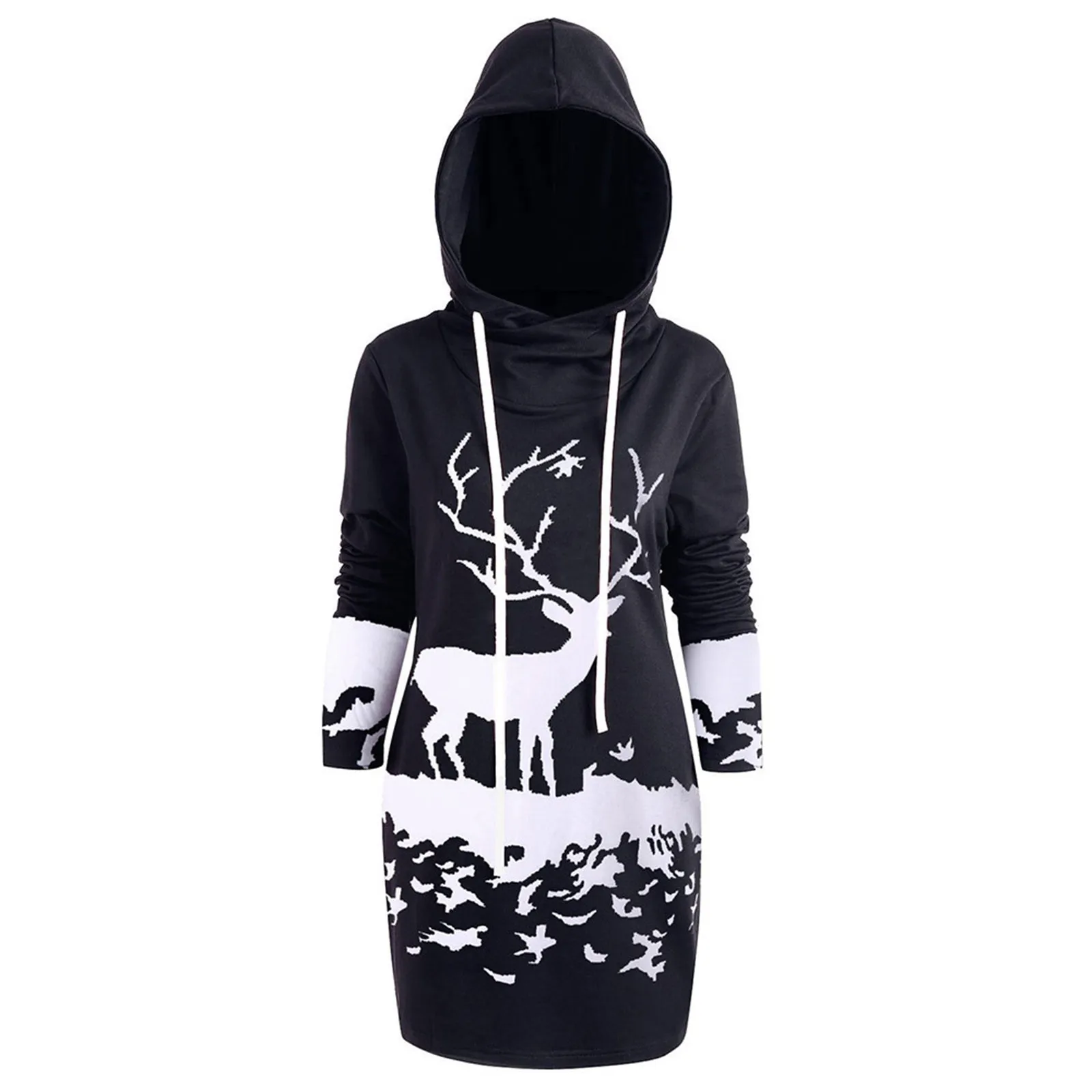 

Womens Elk print Hoodies Christmas Monochrome Printed Drawstring Hooded Sweatshirt Xmas Party Vestidos 2022 Sudadera Mujer