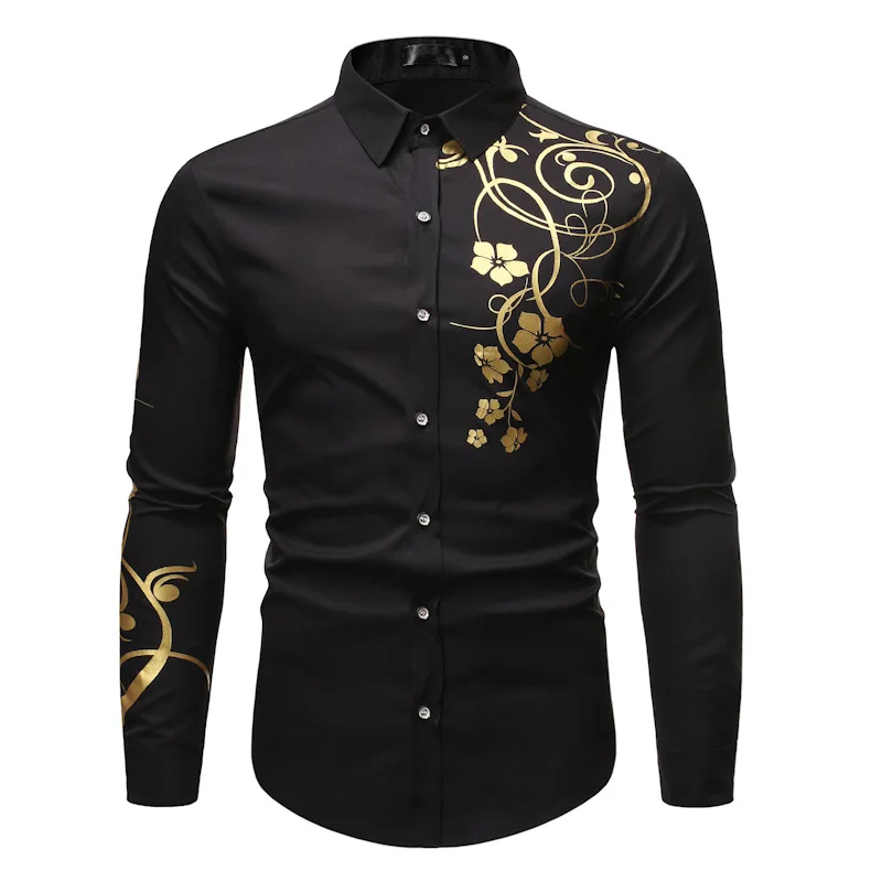 Черный Цветочный принт рубашка мужская Camisa социальная Мужская 2021 бренда Slim Fit с
