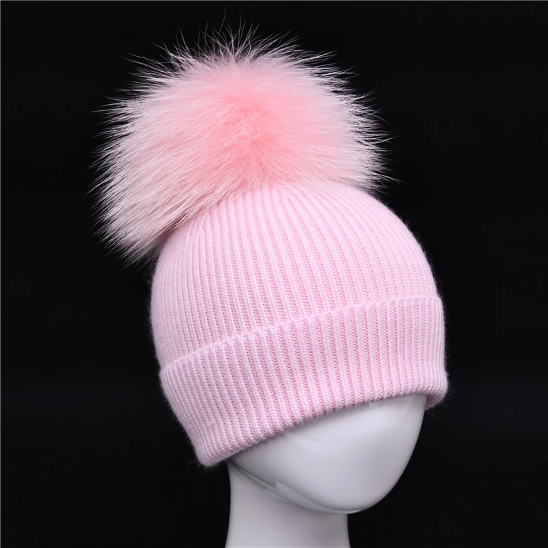 Детская шапка с большим меховым помпоном Зимняя шерстяная вязаная теплая для