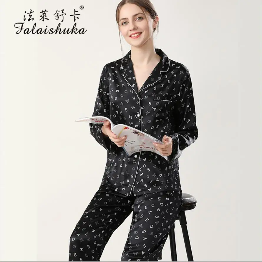 Silk Stain Pajamas Sets Women Homewear 2021 Spring Full Sleeve Long Pants  Letter Print Silk Sexy Home Wear Sleepwears For Lady