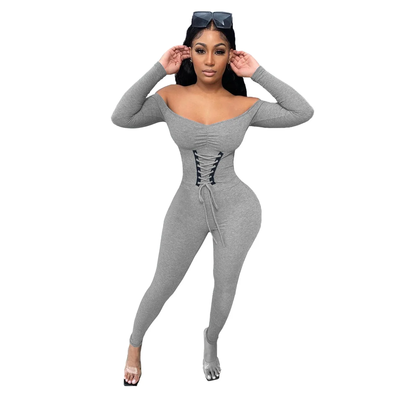 Women's Autumn/winter Off-the-shoulder Bandage Straps Threaded Jumpsuits Bodysuit Women Sexy Fitted Jumpsuit Women
