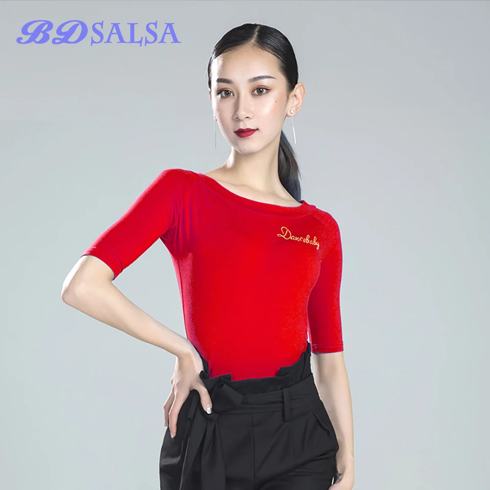 2020 Tops Latin Dance Dress Modern Coat The New Dancing Female Ballroom Adult Practice Clothes 594 Word Collar Short Sleeves Hot