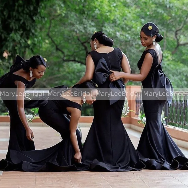 

Jewel Black Mermaid Bridesmaid Dresses Sleeveless robe demoiselle d honneur femme Zipper With Big Bow Back Wedding Party Gowns