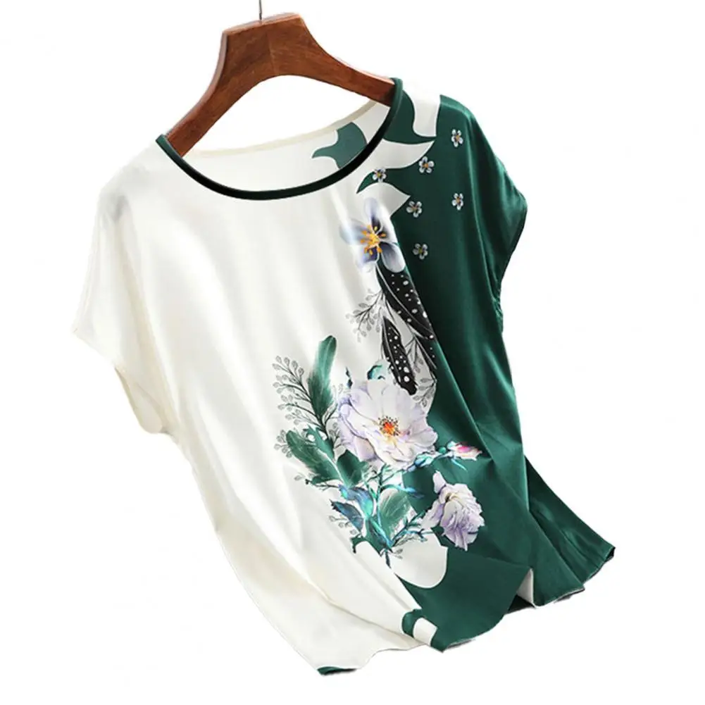 

Женская блузка с коротким рукавом, круглым вырезом и цветочным принтом