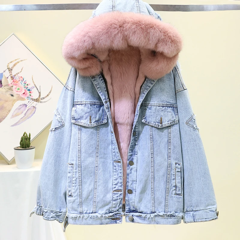 Пальто из натурального меха зимняя Свободная джинсовая куртка Женская Толстая