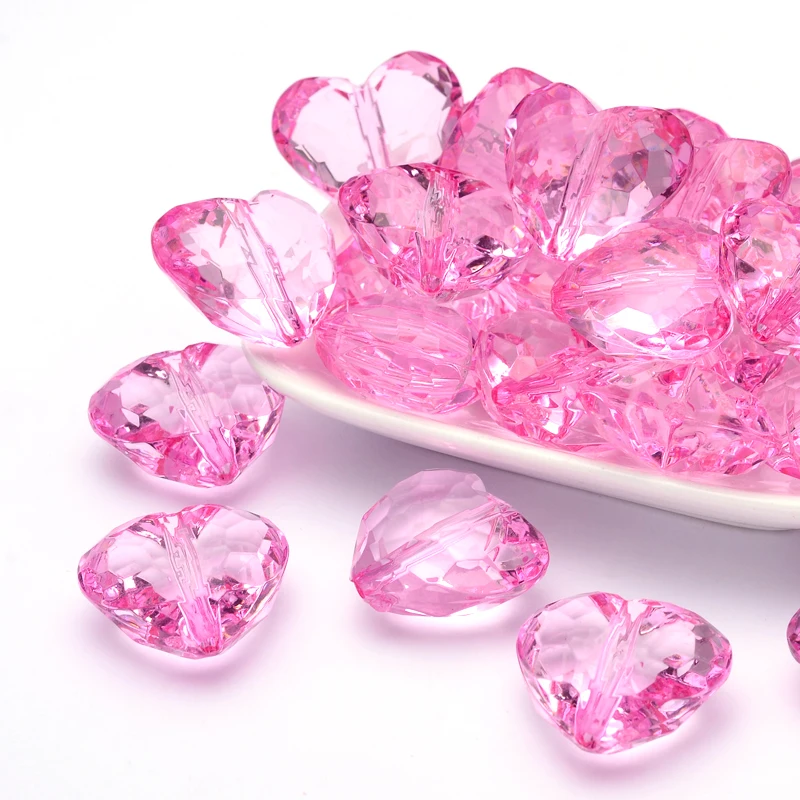 

500 g Transparent Acrylic Beads Faceted Heart Hot Pink about 25mm long 28.5mm wide 16mm thick hole: 3mm about 88pcs/500g