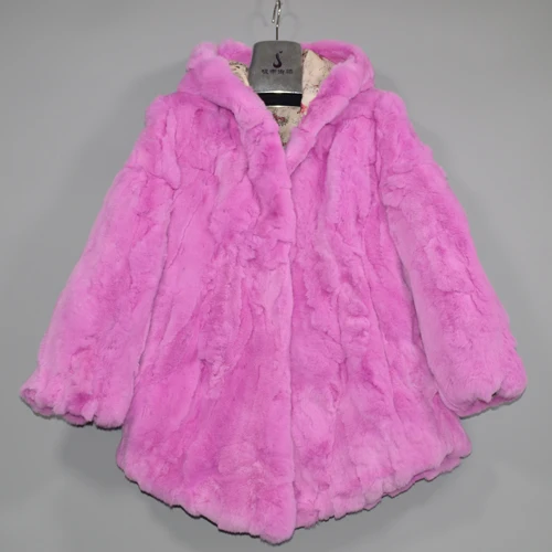 purple pink Хорошее качество, женская зимняя длинная куртка из натурального меха Рекс, женская шуба из кролика Рекс, натуральный мех кролика Рекс, пальто с капюшоном - Color: purple pink