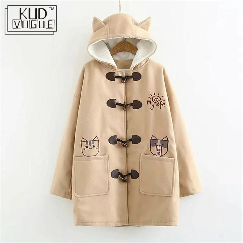 Японская теплая зимняя куртка с капюшоном для девочек длинное пальто мультяшным