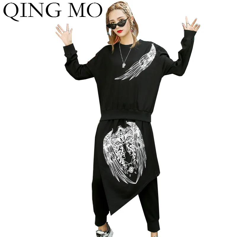Женский осенний костюм двойка QING MO черная толстовка с принтом и штаны Шаровары