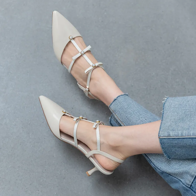 

VERCONAS 2021 Woman Pumps Genuine Leather Summer Butterfly-Knot Pearl Decoration Woman Sandals Pointed Toe Thin Heel Shoes Woman