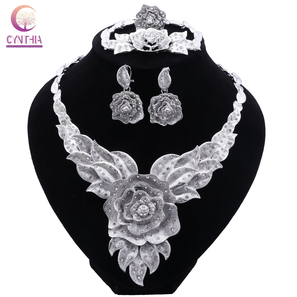 

Ювелирные наборы серебряного покрытия CYNTHIA Dubai для невесты, ожерелье, серьги, браслет, кольца, подарки, свадебный набор ювелирных изделий для...