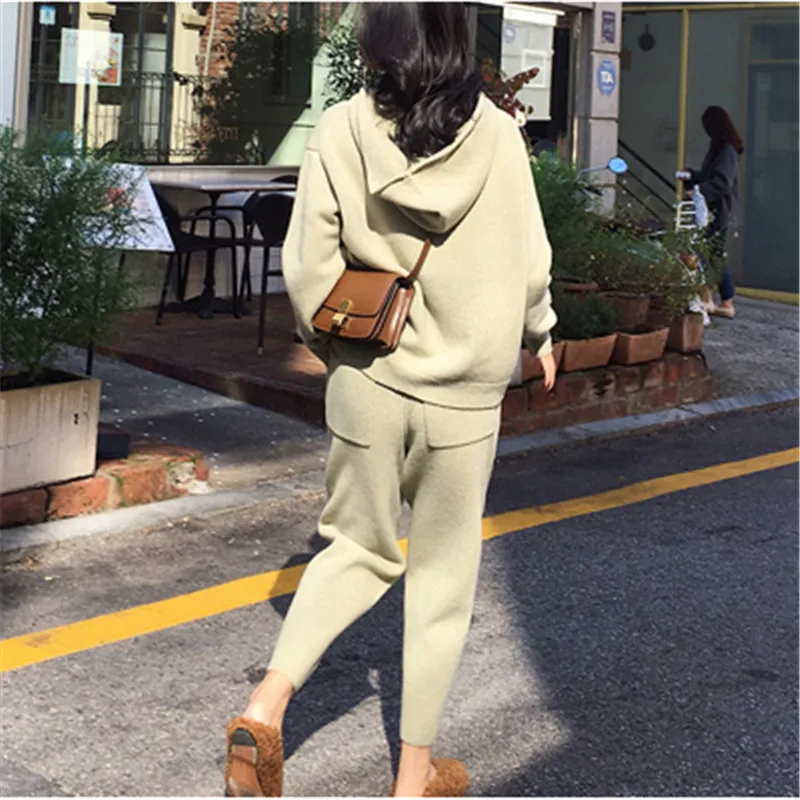 

2021 Autumn Casual Sweaters Tracksuit Women's Wool Knitted Two Piece Sets Woman Warm Hooded Sweatshirts Sporting Suit Female