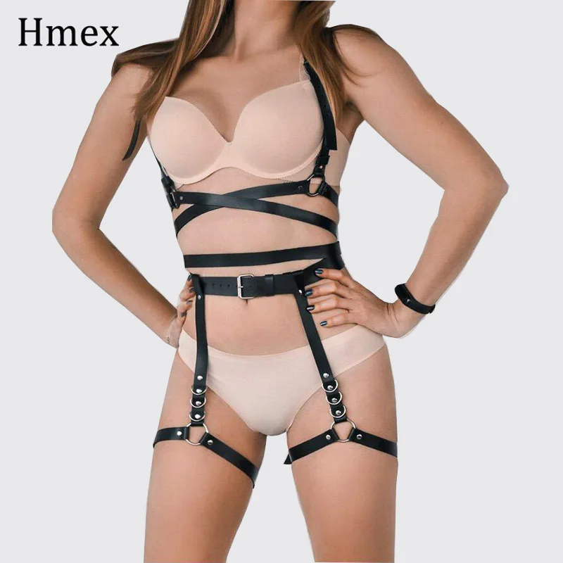 1 Set Z 2 Piece Set Women Erotic Leather Harness Garter Sexy Harajuku Bra Garter Belt Punk Bondage Chest Corset Suspender Sets - Цвет: 1 Set Z