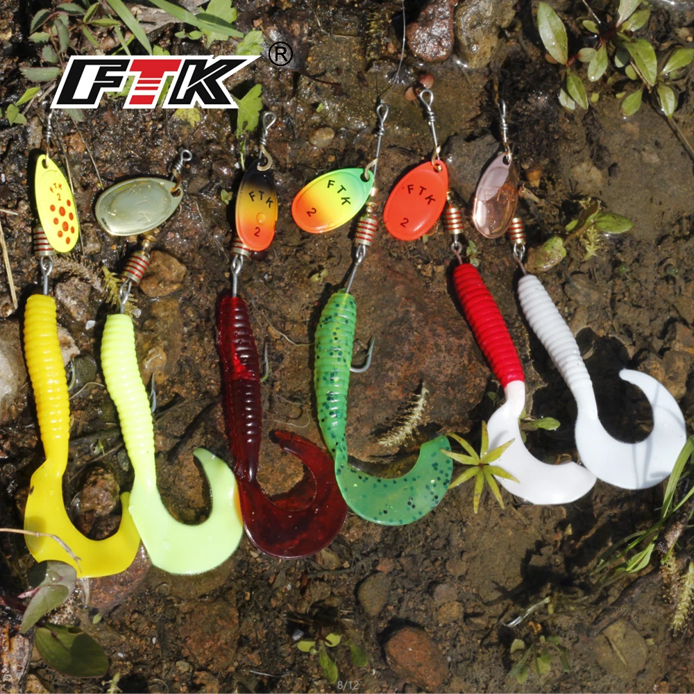 FTK Metal Spoon Fishing Lure Combo Spinner Bait 8.5g With 5 Replacement 75mm Curl Worms Soft Wobbler For Pike Bass | Спорт и