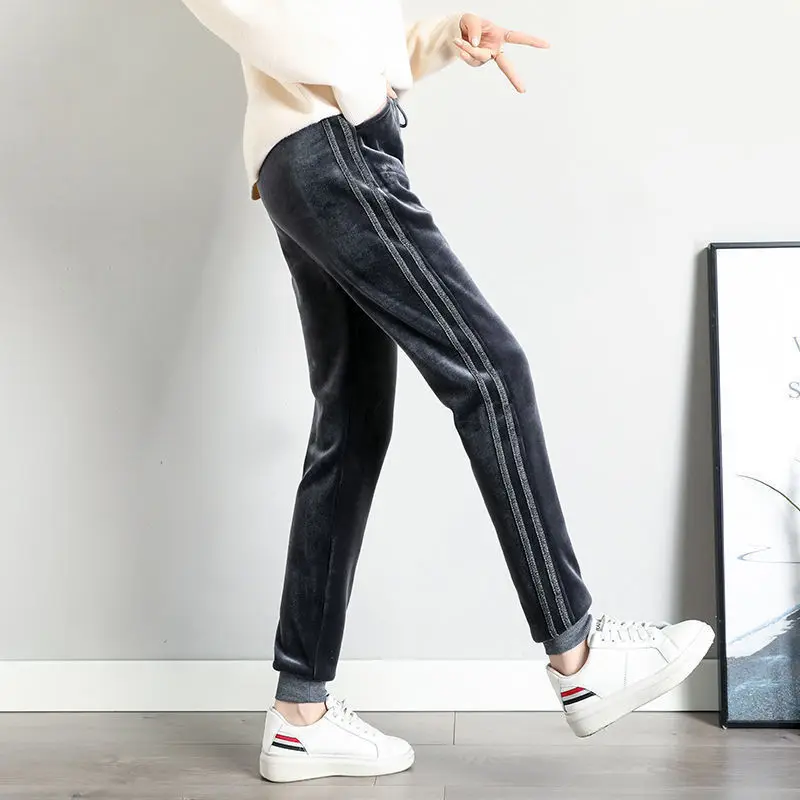 

Fall Winter Pants Joggers Sweatpants Women Casual Thickened Lamb Wool Warm Trousers High Waist Side Stripes Woman Pants