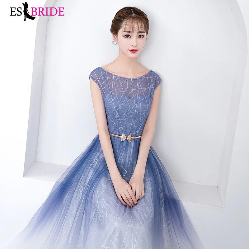 Формальные Вечерние платья ES2995 Элегантные Синие с круглым вырезом и короткими